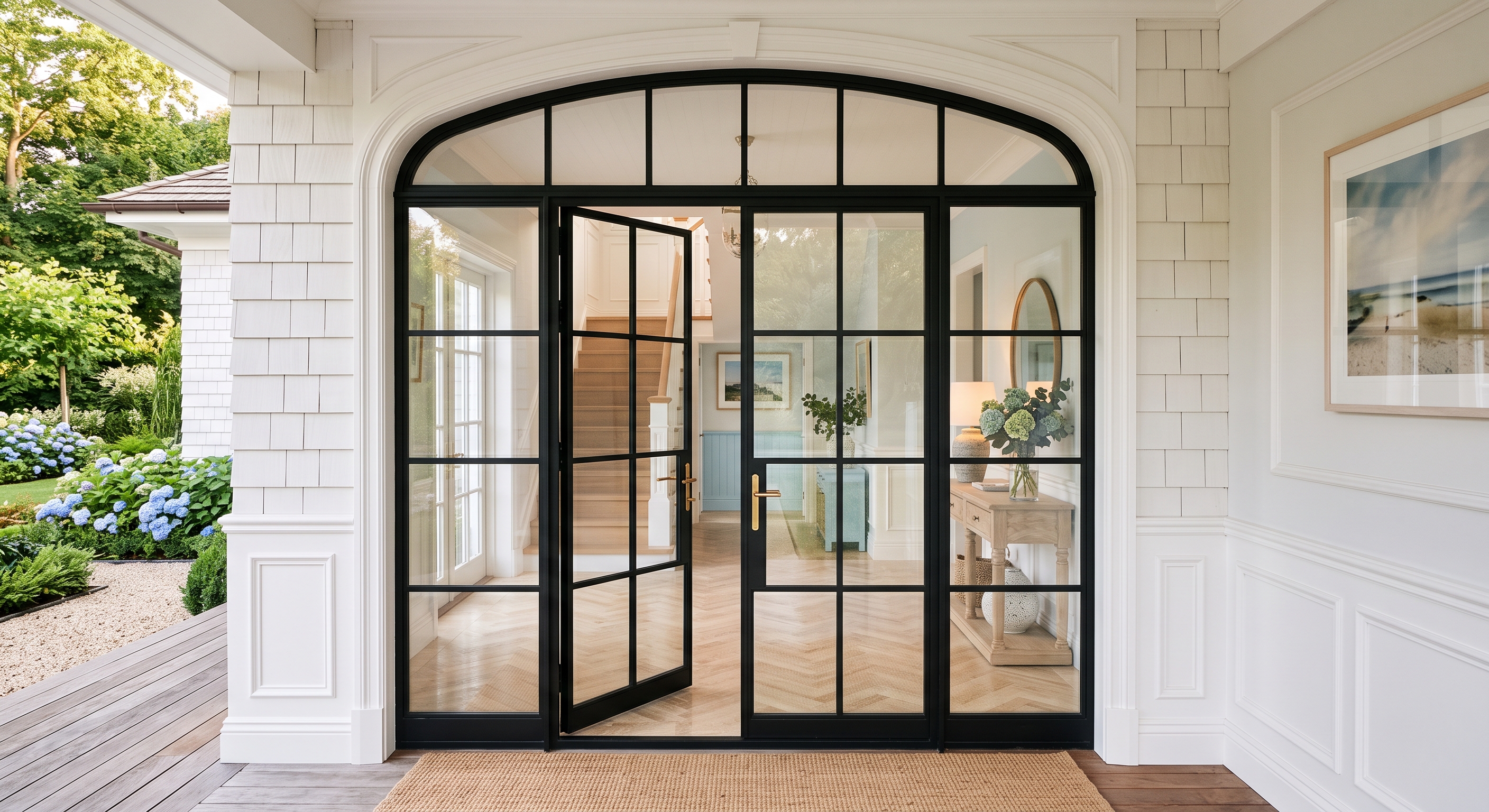 Glass entry door with black frame, opening to a bright, welcoming hallway.