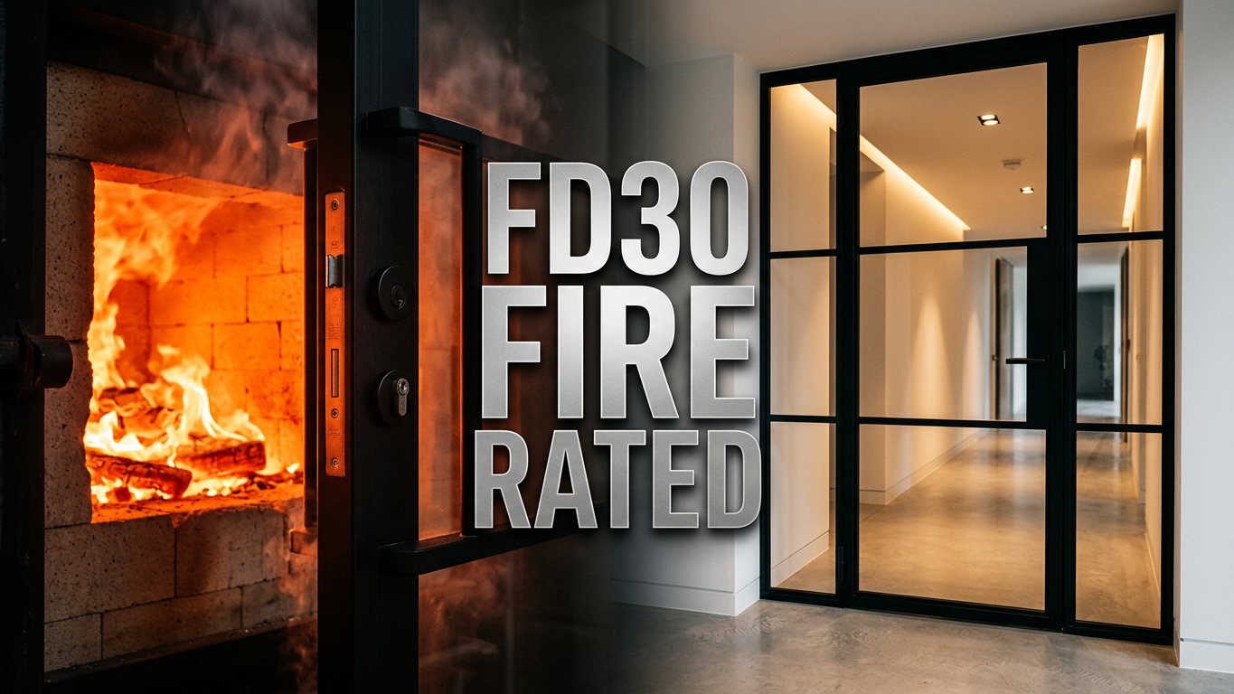 Fire in a furnace beside glass doors labeled "FD30 Fire Rated".