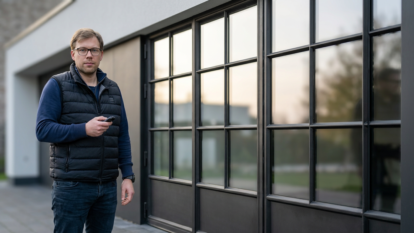 Man standing outside modern building holding a remote control.