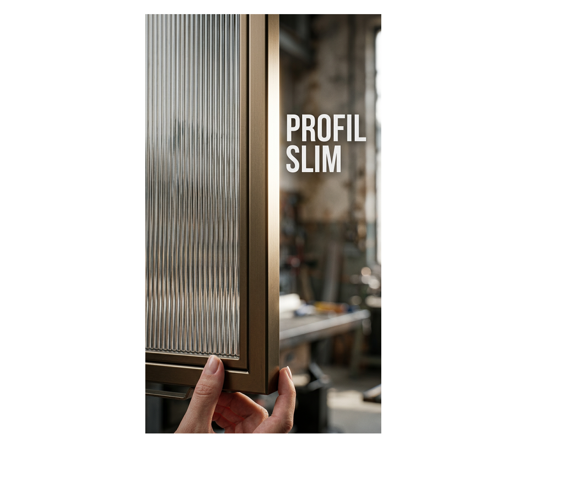 A hand holding a slim, textured glass panel in an industrial setting.