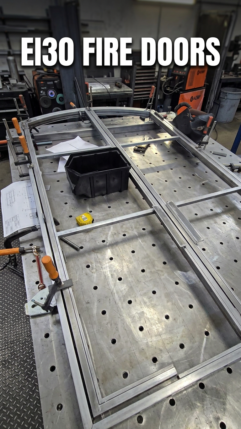 Metal framework on a workbench in an industrial setting.