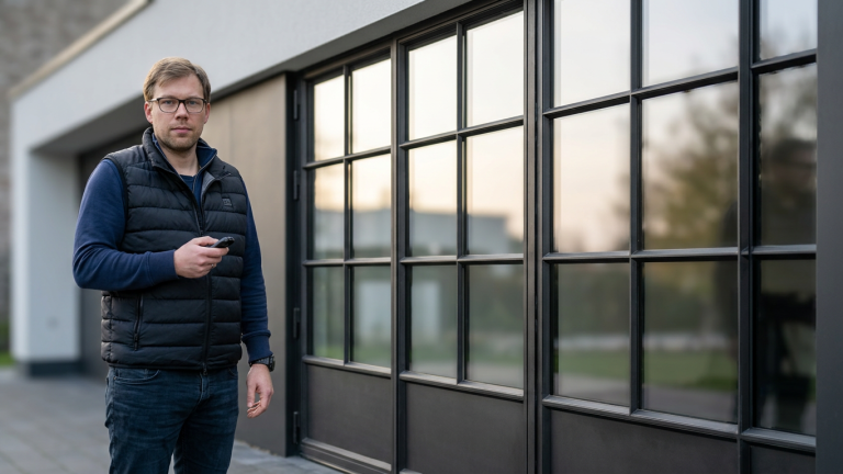 Man standing outside modern building holding a remote control.