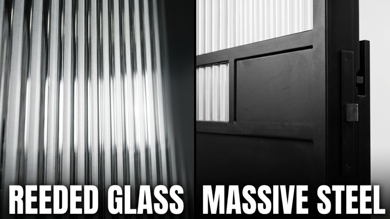 Reeded glass and steel door design in black and white.