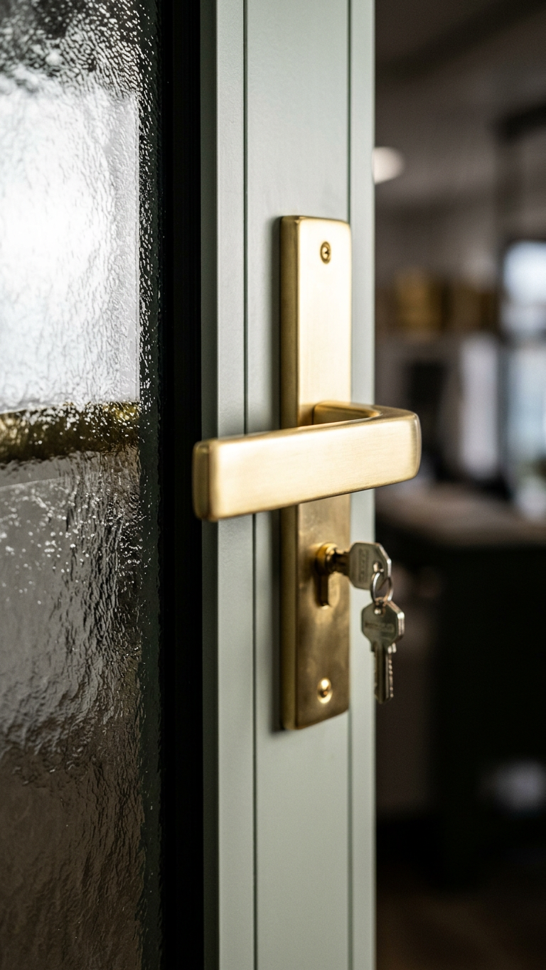 Gold handle on a glass door, keys hanging, softly lit interior.