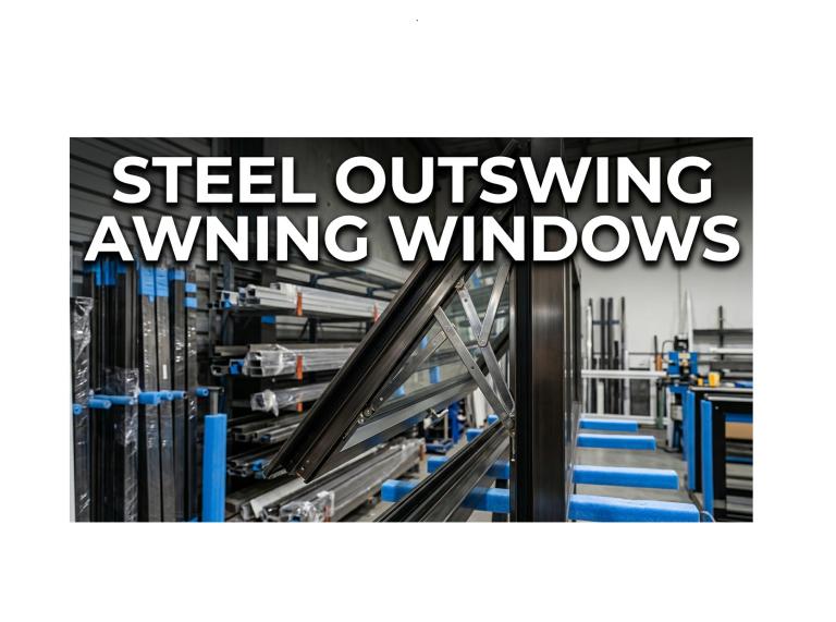 Steel window frames stacked in a workshop.